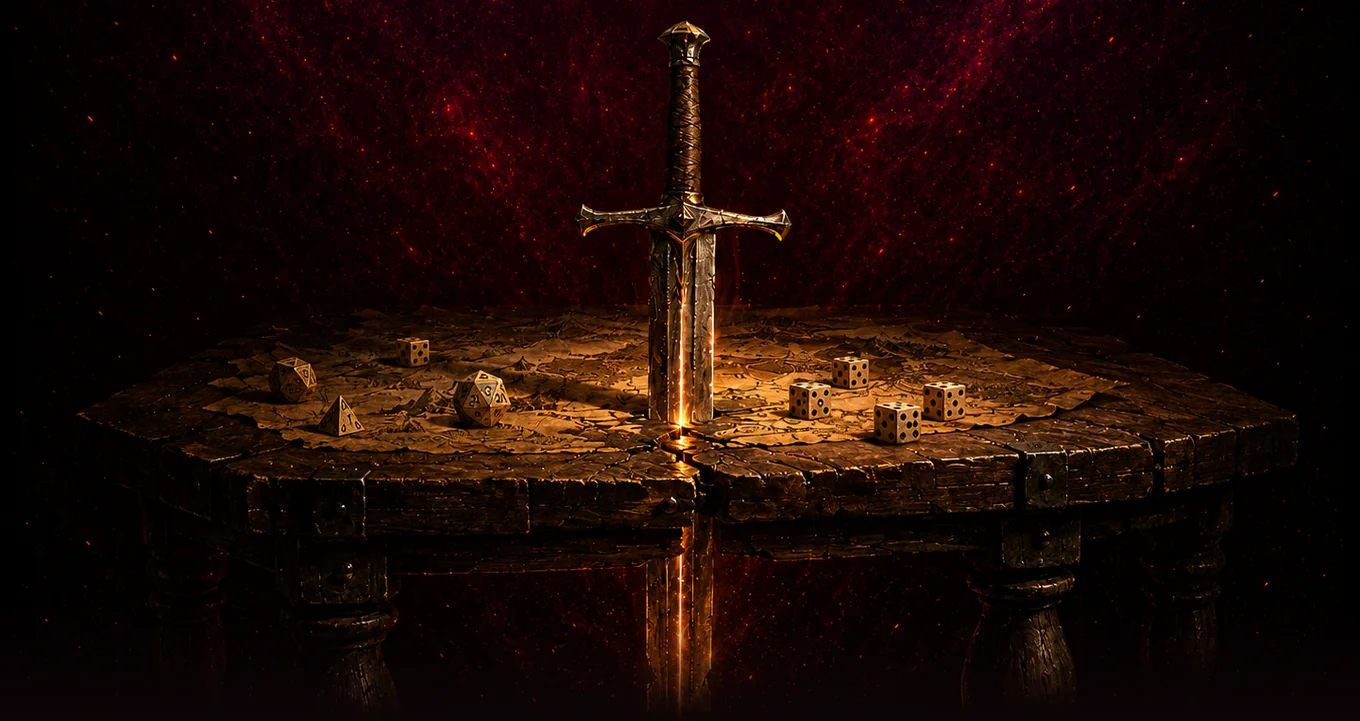 A magical sword through a gaming table